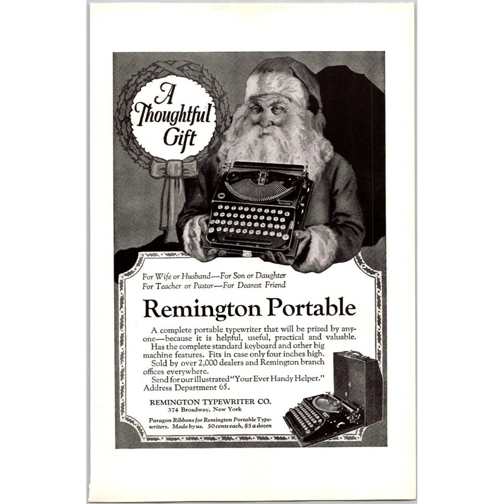 PRINT AD 1922 Remington Portable Typewriter Thoughtful Christmas Gift Santa
